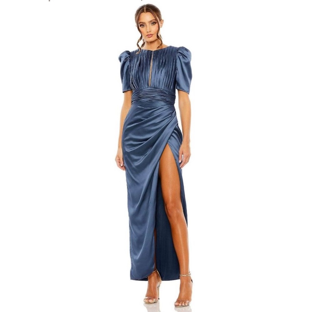 Ieena Mac Duggal Puff Sleeves Pleated Sheath Dress Midnight Womens Size 12
